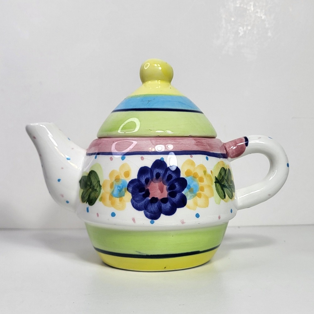 Bella Casa by Ganz Ceramic Teapot Hand Painted Floral Stripes Polka Dot Colorful